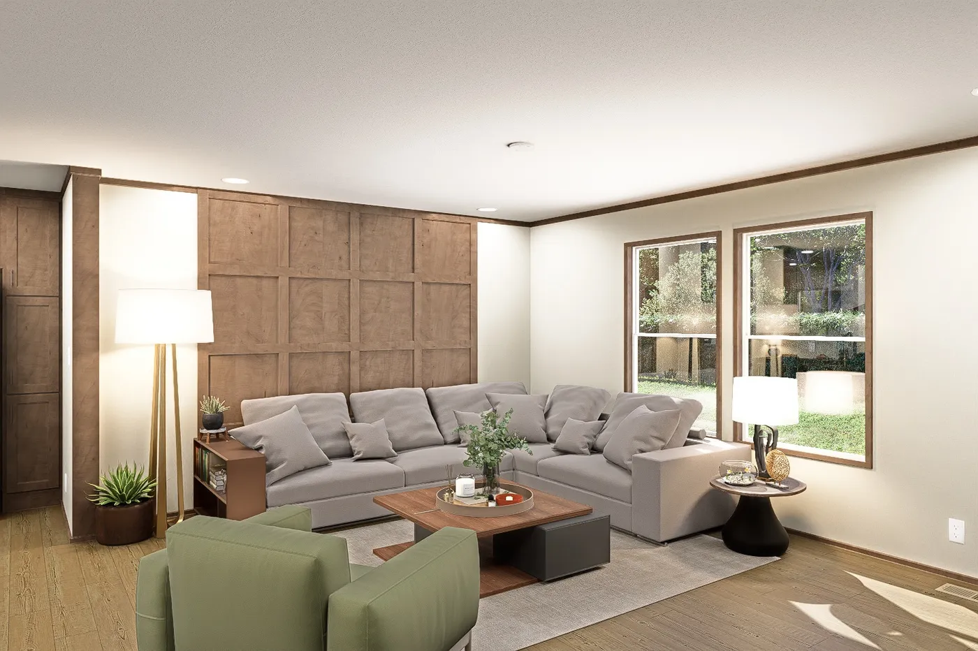 The SNOWCAP Living Room. This Manufactured Mobile Home features 4 bedrooms and 3 baths.