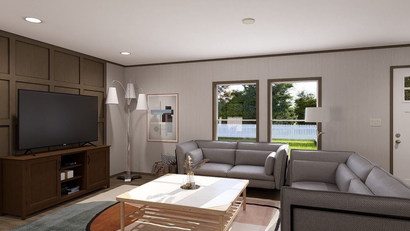 The CROCKETT Living Room. This Manufactured Mobile Home features 3 bedrooms and 2 baths.