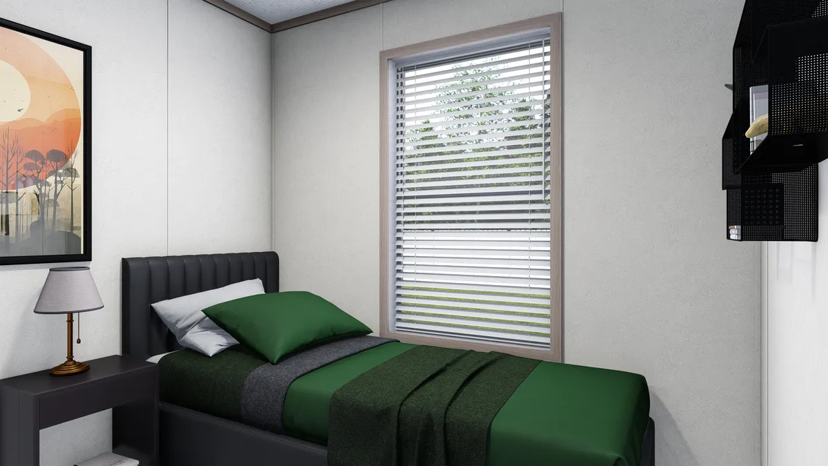The 6614-4701 THE PULSE Guest Bedroom. This Manufactured Mobile Home features 3 bedrooms and 2 baths.