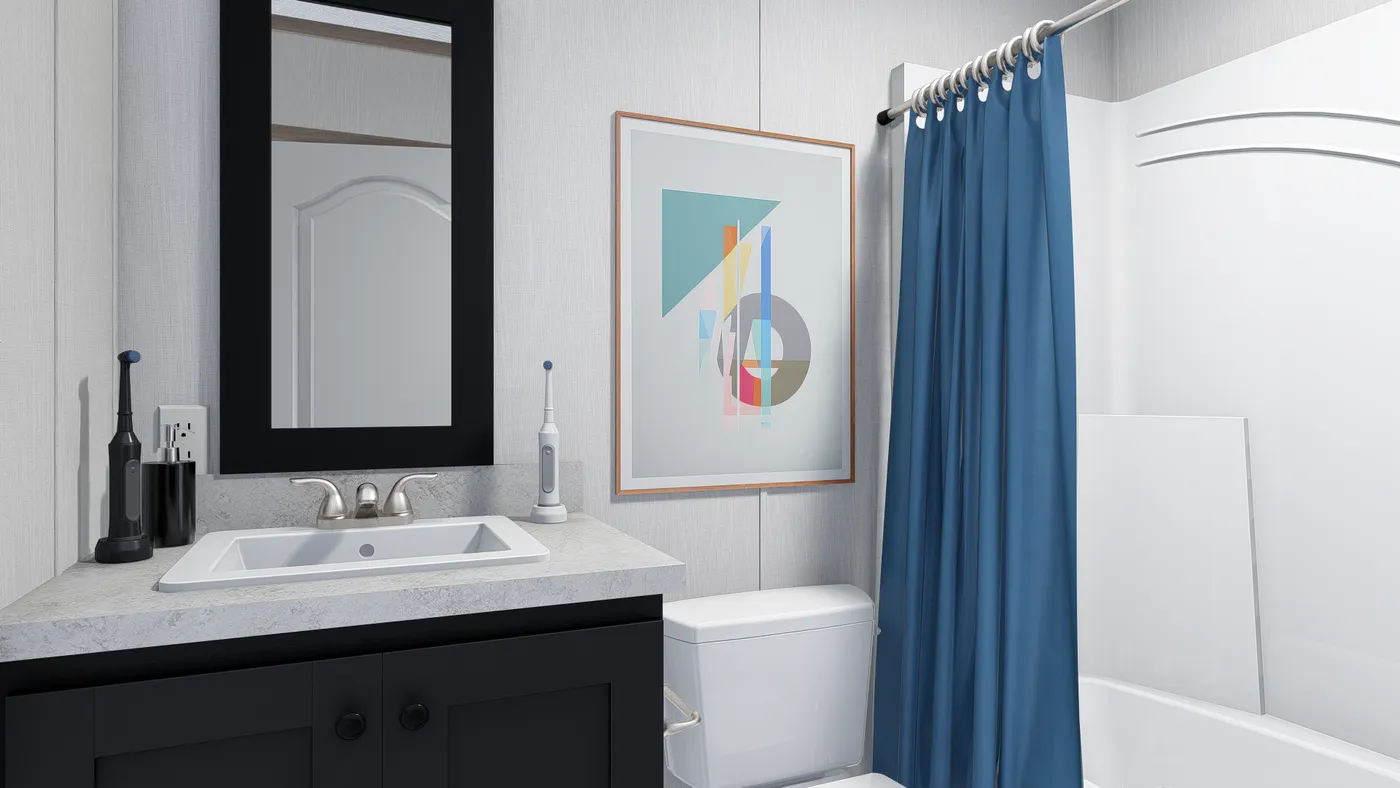 The 6614-4701 THE PULSE Primary Bathroom. This Manufactured Mobile Home features 3 bedrooms and 2 baths.
