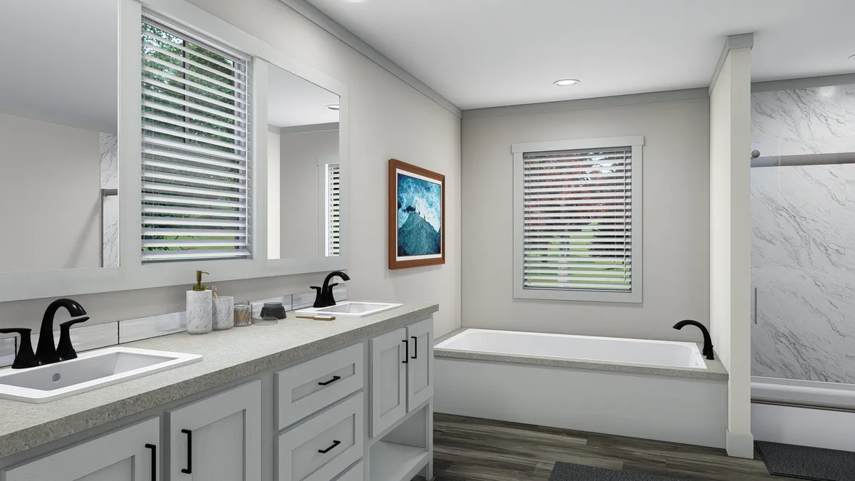 The FARM 3 FLEX ELITE DEN Primary Bathroom. This Manufactured Mobile Home features 3 bedrooms and 2 baths.
