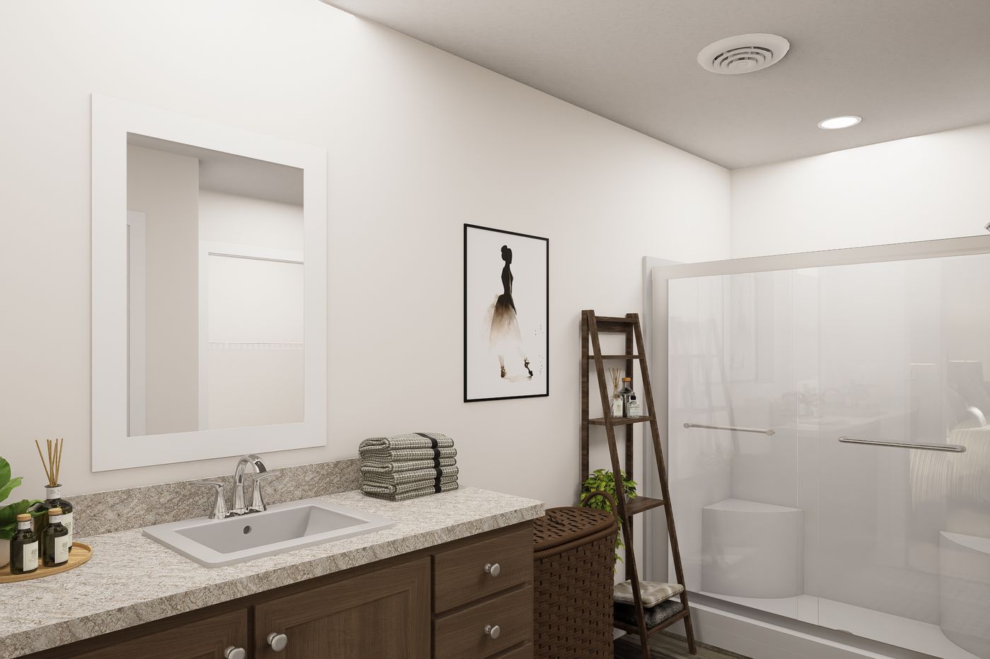 The 5628-MS067-2 HUNTINGTON Primary Bathroom. This Manufactured Mobile Home features 4 bedrooms and 2 baths.