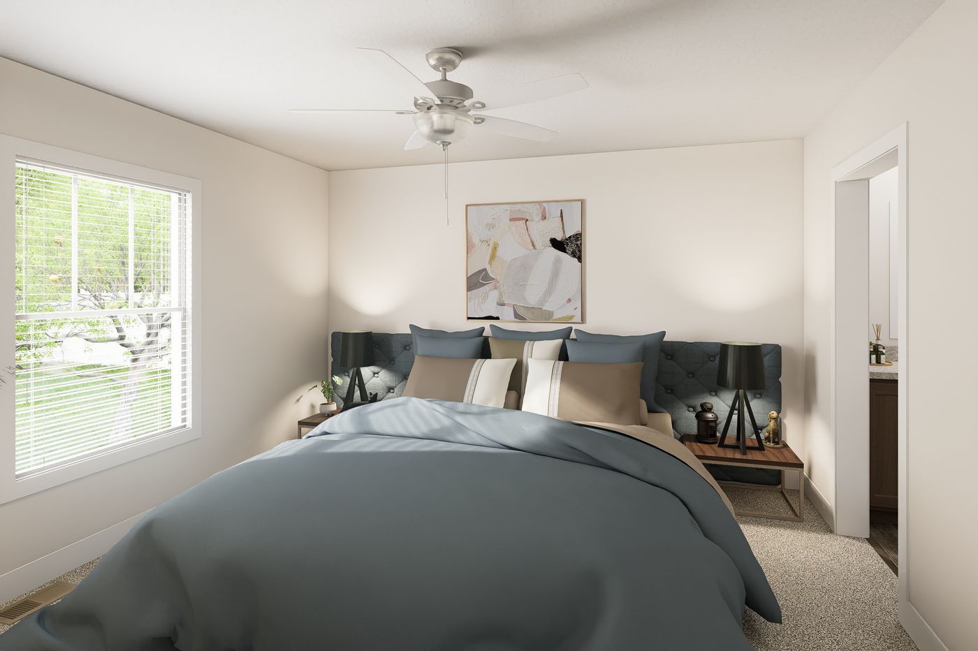 The 6028-MS067-3 HUNTINGTON Primary Bedroom. This Manufactured Mobile Home features 4 bedrooms and 2 baths.