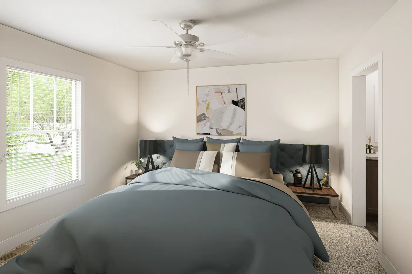 The 6028-MS067-3 HUNTINGTON Primary Bedroom. This Manufactured Mobile Home features 4 bedrooms and 2 baths.