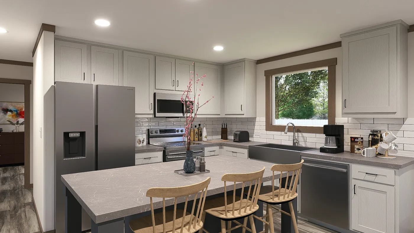The LEVI Kitchen. This Manufactured Mobile Home features 2 bedrooms and 2 baths.