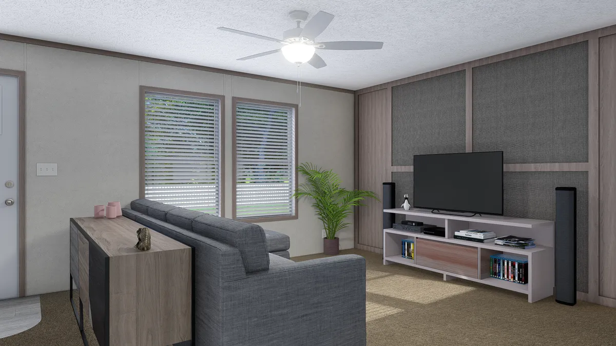 The 4028-E751 THE PULSE Living Room. This Manufactured Mobile Home features 3 bedrooms and 2 baths.
