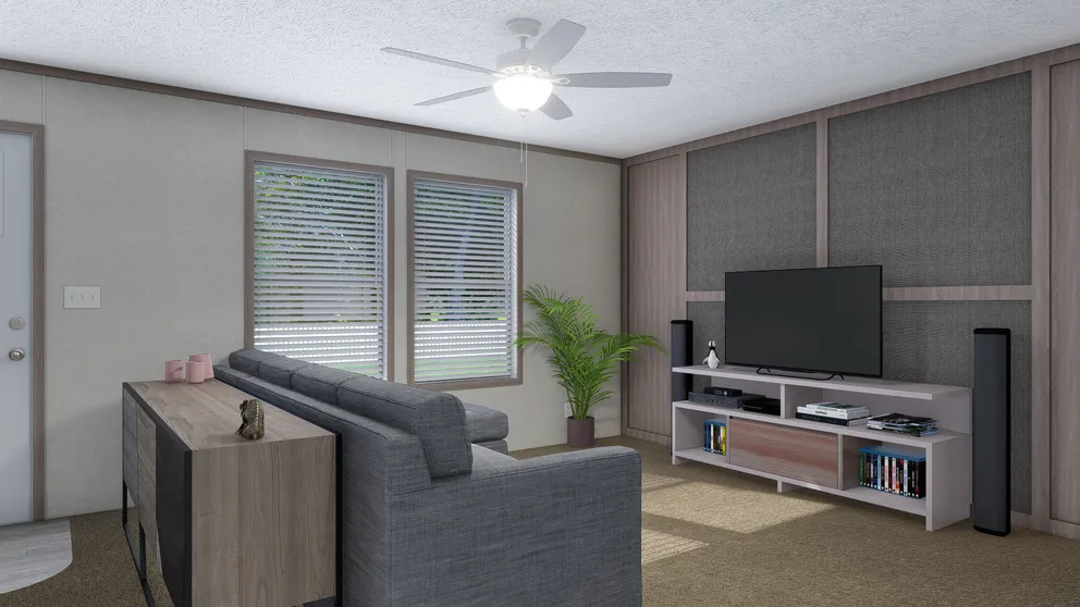 The 4028-E751 THE PULSE Living Room. This Manufactured Mobile Home features 3 bedrooms and 2 baths.