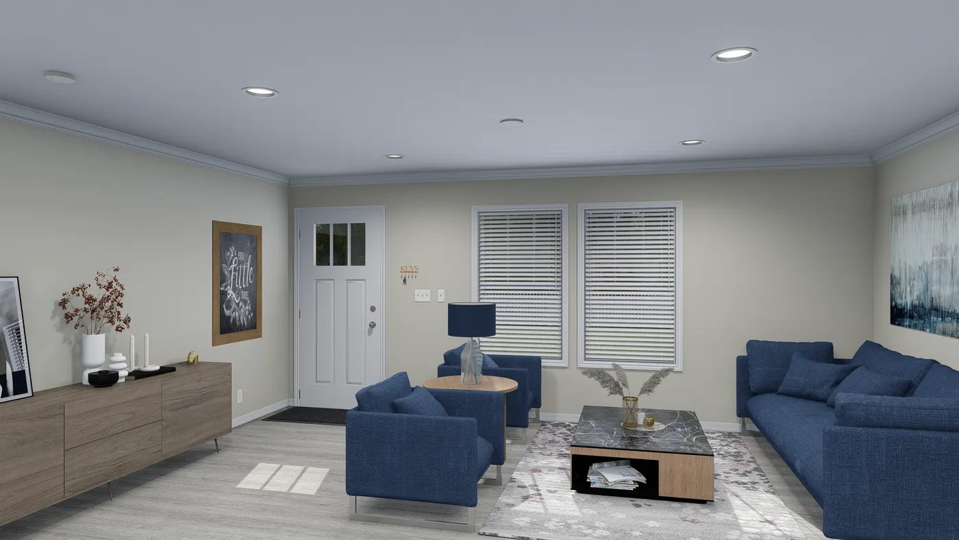 The 5425 "RIDGE" 7628 Living Room. This Manufactured Mobile Home features 4 bedrooms and 2 baths.