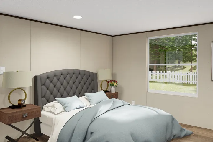 The ELATION Primary Bedroom. This Manufactured Mobile Home features 3 bedrooms and 2 baths.