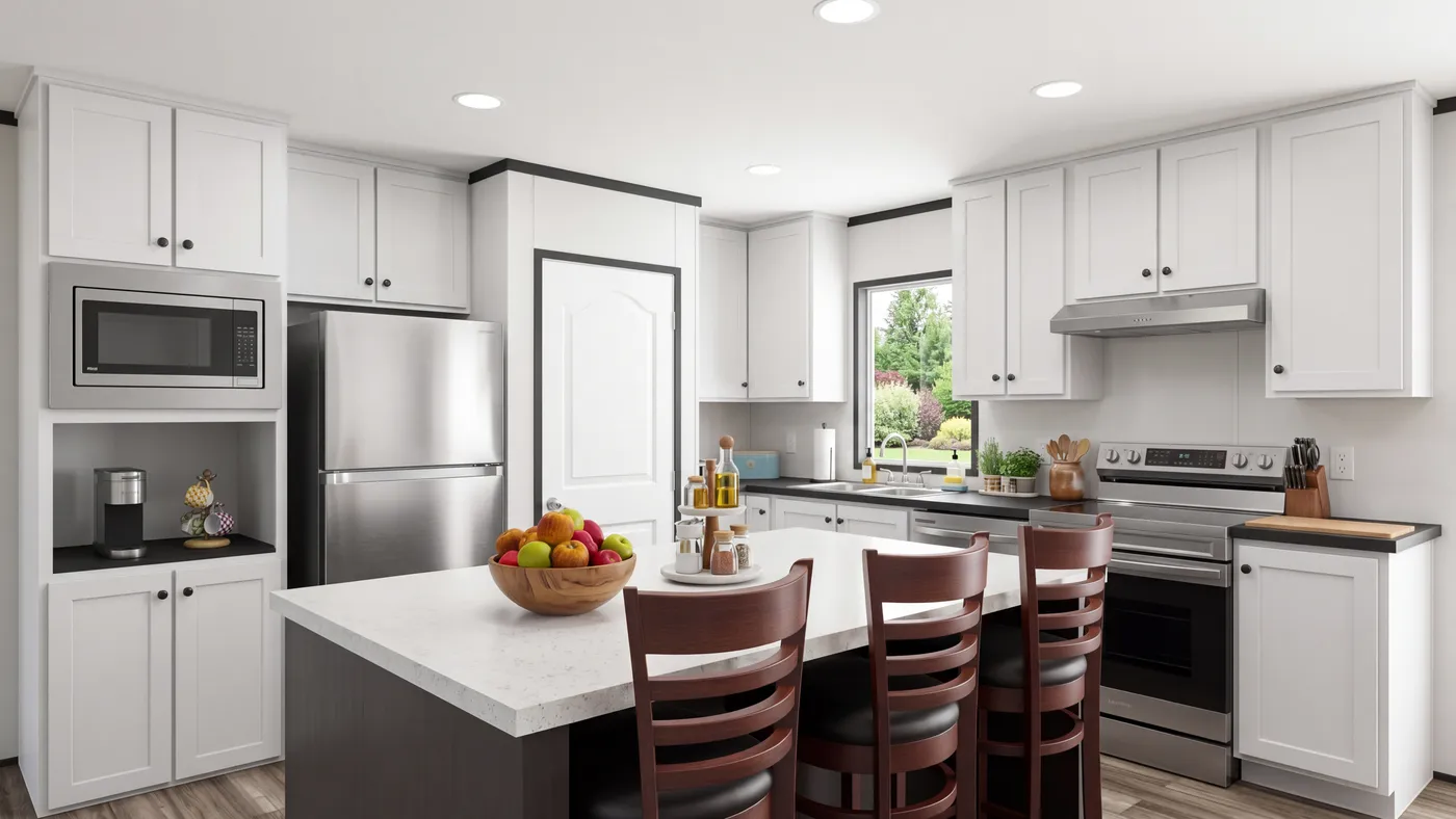 The THE MOUNTAINEER 56 Kitchen. This Manufactured Mobile Home features 3 bedrooms and 2 baths.