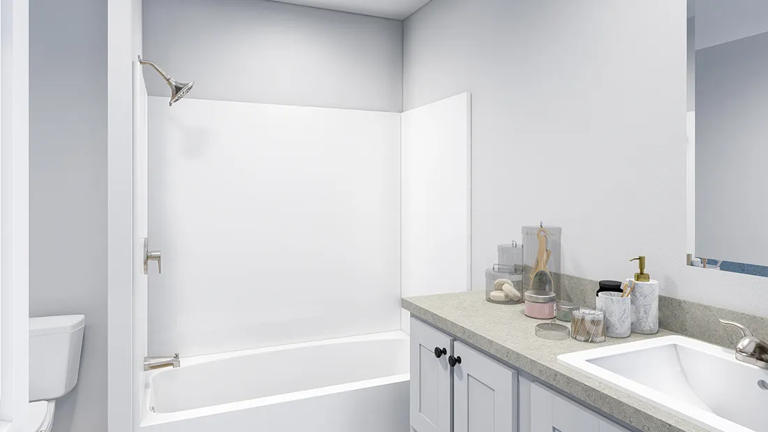 The 2856 LET IT BE Guest Bathroom. This Manufactured Mobile Home features 3 bedrooms and 2 baths.