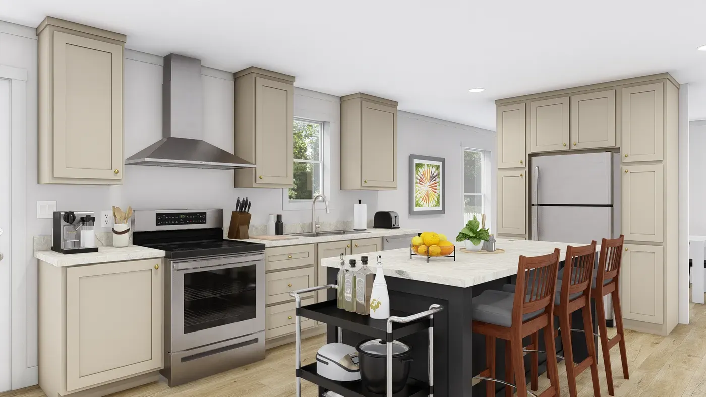 The STAYIN' ALIVE Kitchen. This Manufactured Mobile Home features 3 bedrooms and 2 baths.