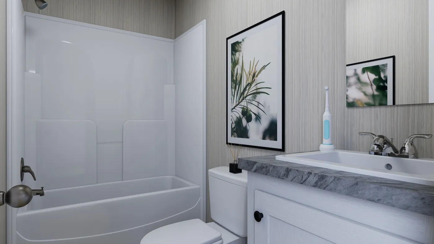 The FOOTHILLS 56 Guest Bathroom. This Manufactured Mobile Home features 2 bedrooms and 2 baths.