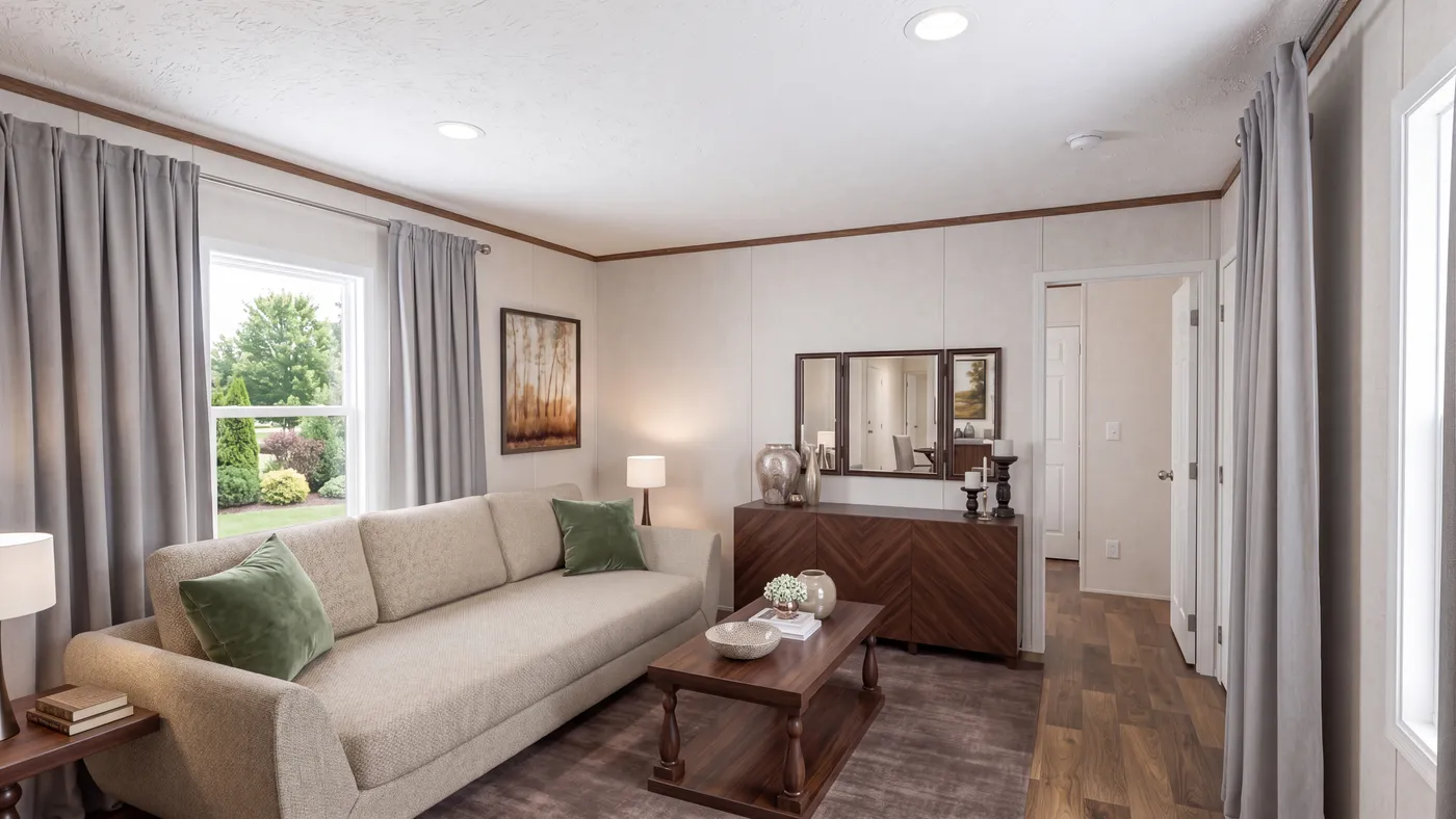 The ELM Living Room. This Manufactured Mobile Home features 2 bedrooms and 1 bath.