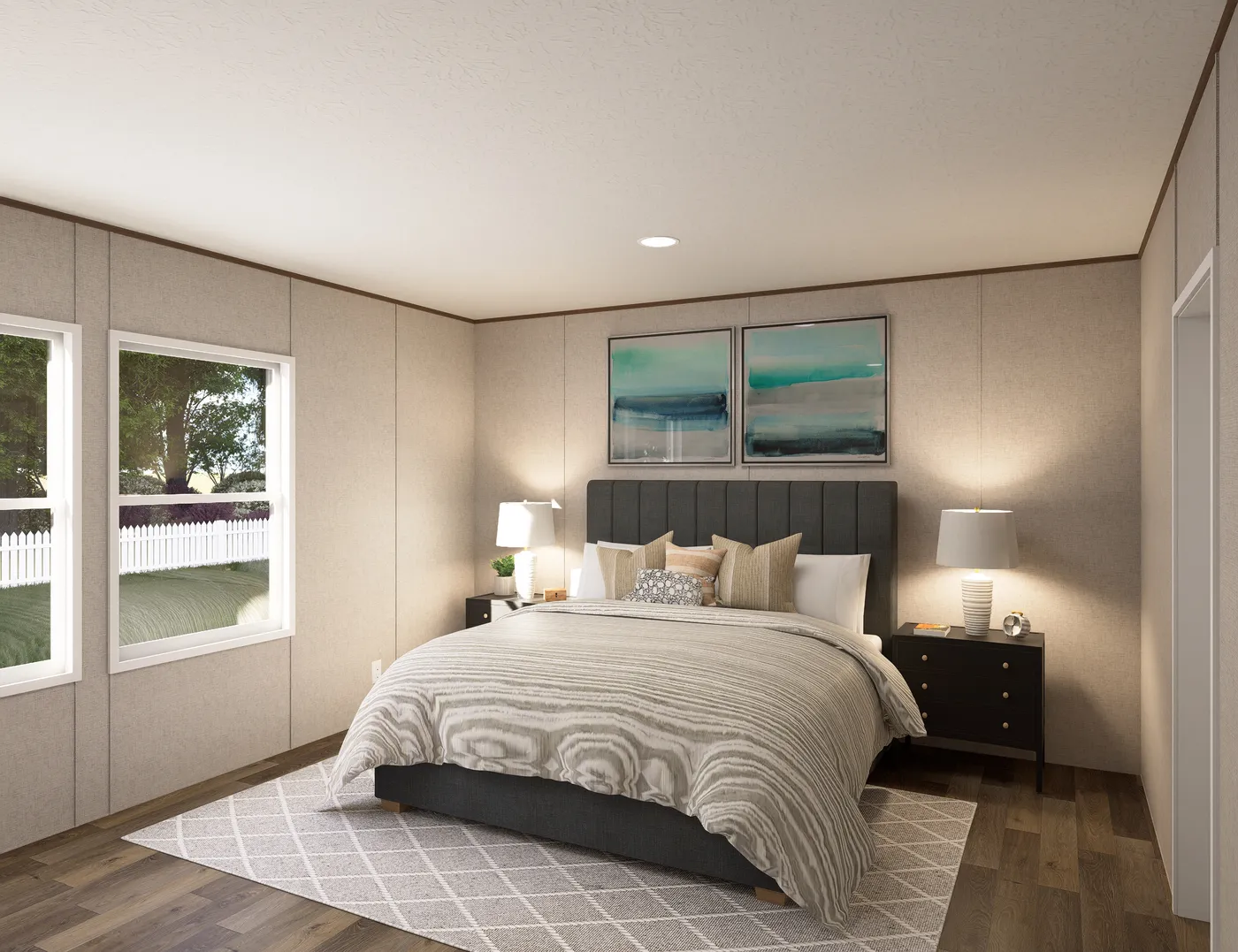 The REDWOOD Primary Bedroom. This Manufactured Mobile Home features 5 bedrooms and 3 baths.