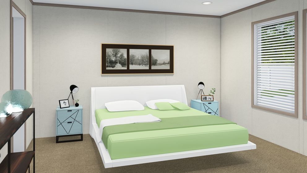 The 6028-E788 THE PULSE Primary Bedroom. This Manufactured Mobile Home features 4 bedrooms and 2 baths.