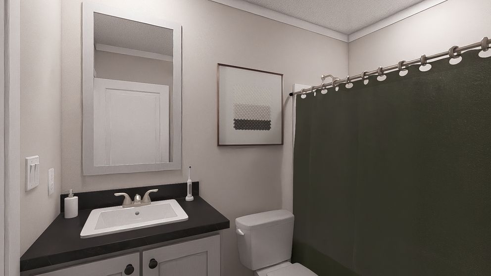 The UNDER PRESSURE Guest Bathroom. This Manufactured Mobile Home features 3 bedrooms and 2 baths.