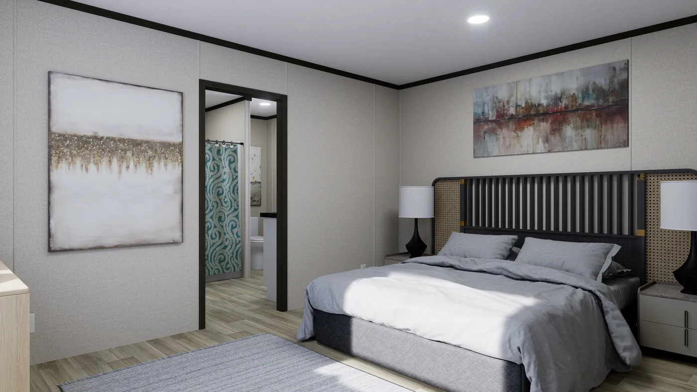 The THE SPARK Primary Bedroom. This Manufactured Mobile Home features 3 bedrooms and 2 baths.