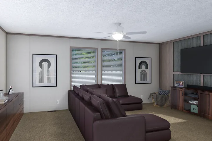 The 5228-E774P THE PULSE Living Room. This Manufactured Mobile Home features 3 bedrooms and 2 baths.