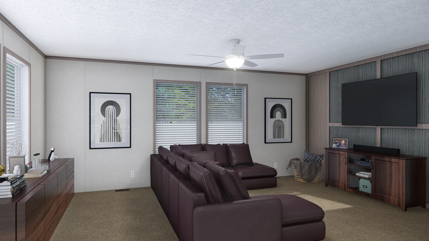 The 5228-E774P THE PULSE Living Room. This Manufactured Mobile Home features 3 bedrooms and 2 baths.