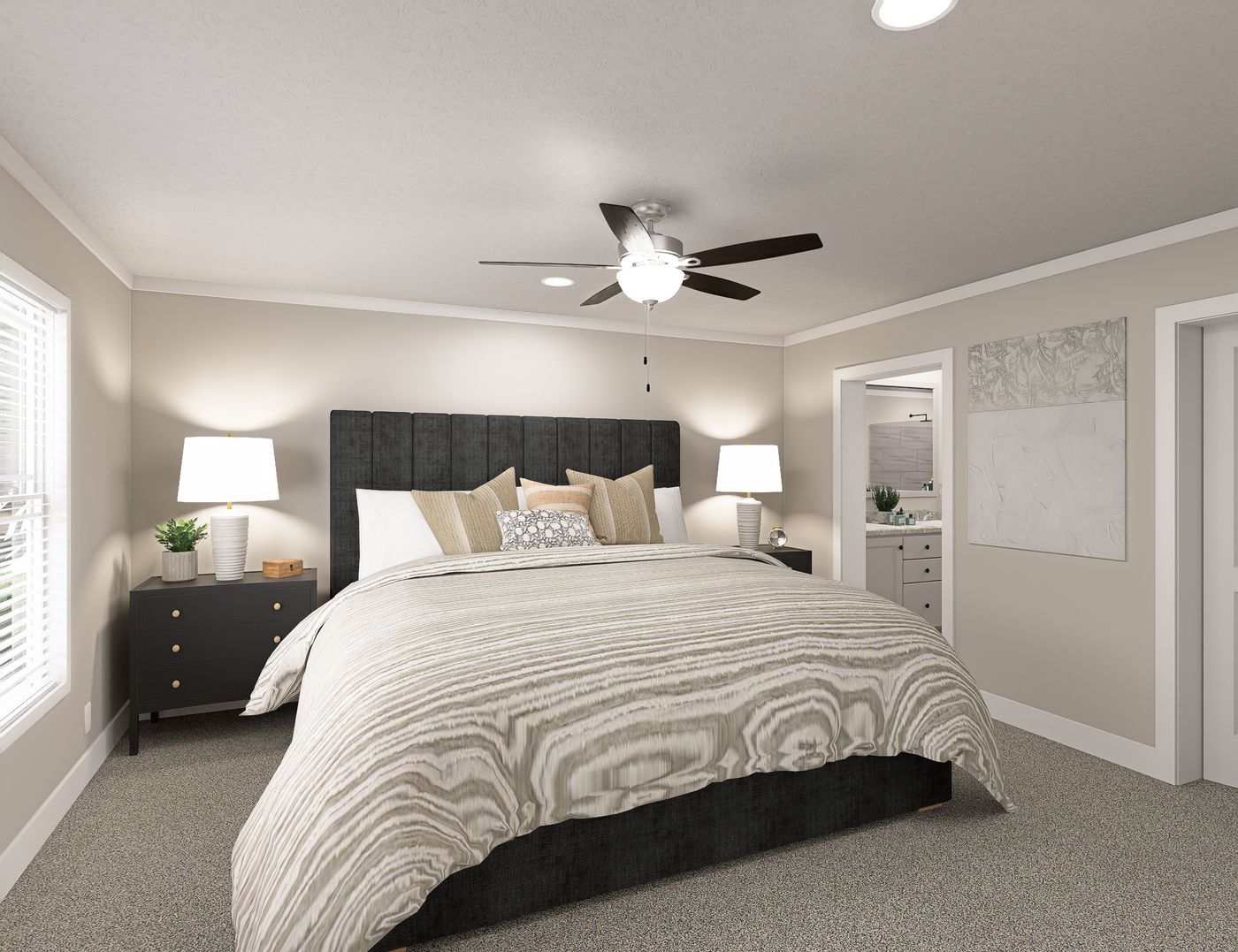 The BROOKLINE FLEX 32 WIDE Primary Bedroom. This Manufactured Mobile Home features 4 bedrooms and 3 baths.