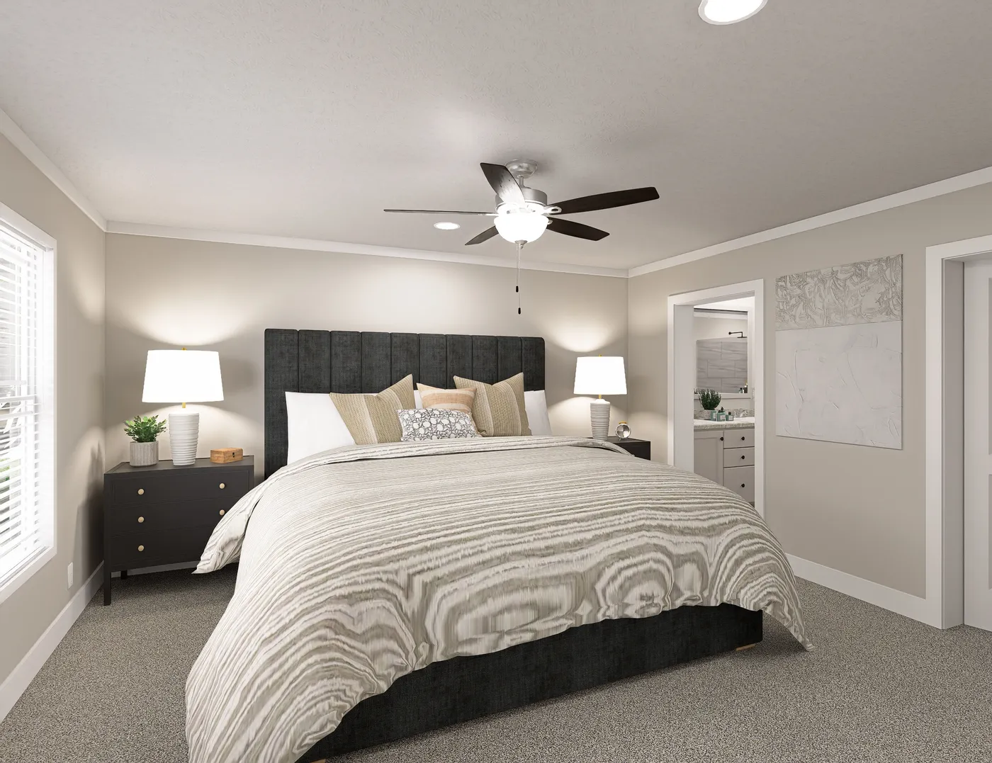 The BROOKLINE FLEX 32 WIDE Primary Bedroom. This Manufactured Mobile Home features 4 bedrooms and 3 baths.