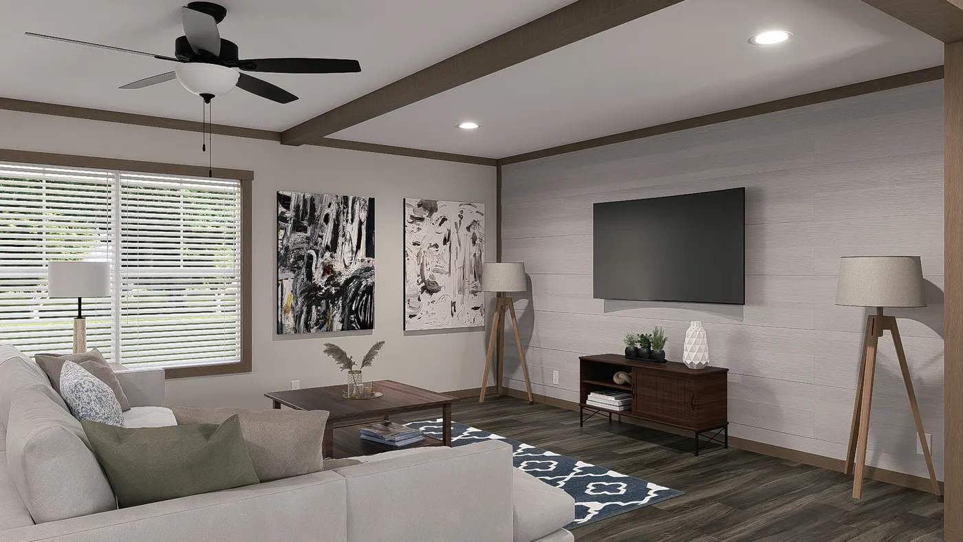 The LIZZIE ELITE Living Room. This Manufactured Mobile Home features 3 bedrooms and 2 baths.