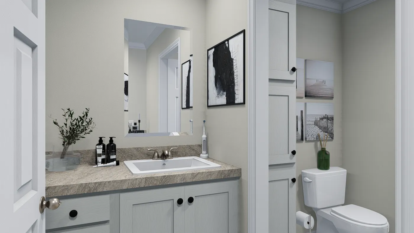 The 5425 "RIDGE" 7628 Guest Bathroom. This Manufactured Mobile Home features 4 bedrooms and 2 baths.