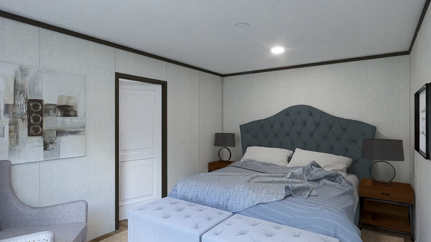 The INTUITION Primary Bedroom. This Manufactured Mobile Home features 3 bedrooms and 2 baths.