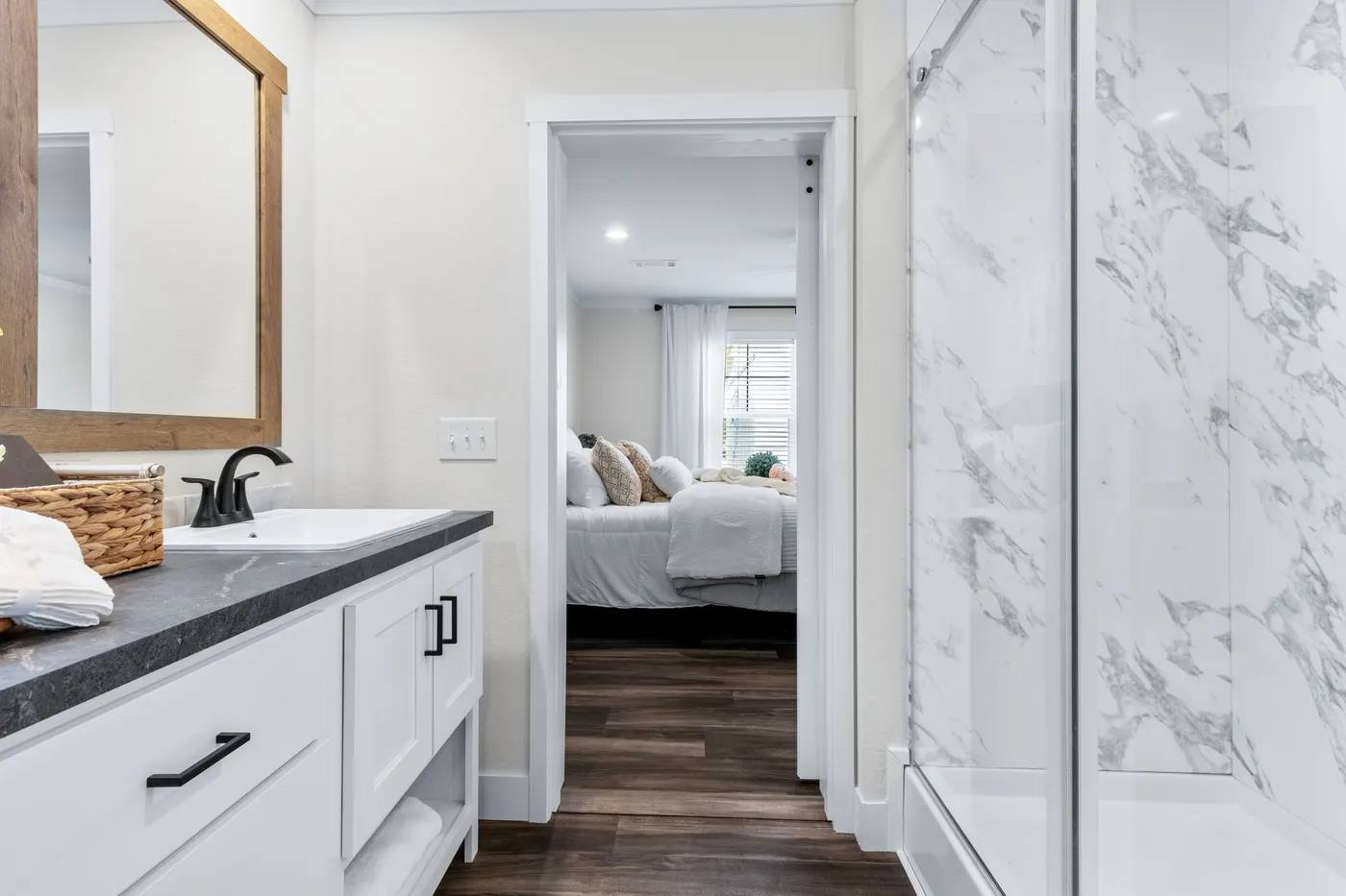 The SAWYER ELITE Primary Bathroom. This Manufactured Mobile Home features 3 bedrooms and 2 baths.