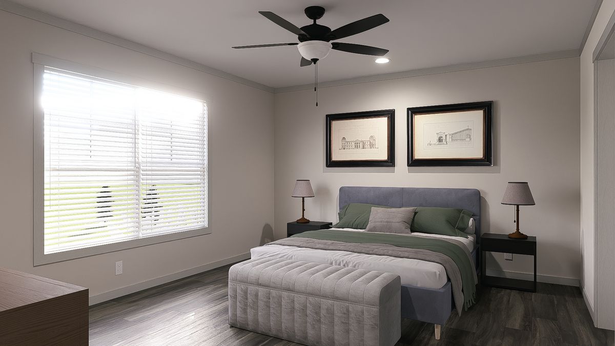 The FARM 3 FLEX DEN Primary Bedroom. This Manufactured Mobile Home features 3 bedrooms and 2 baths.
