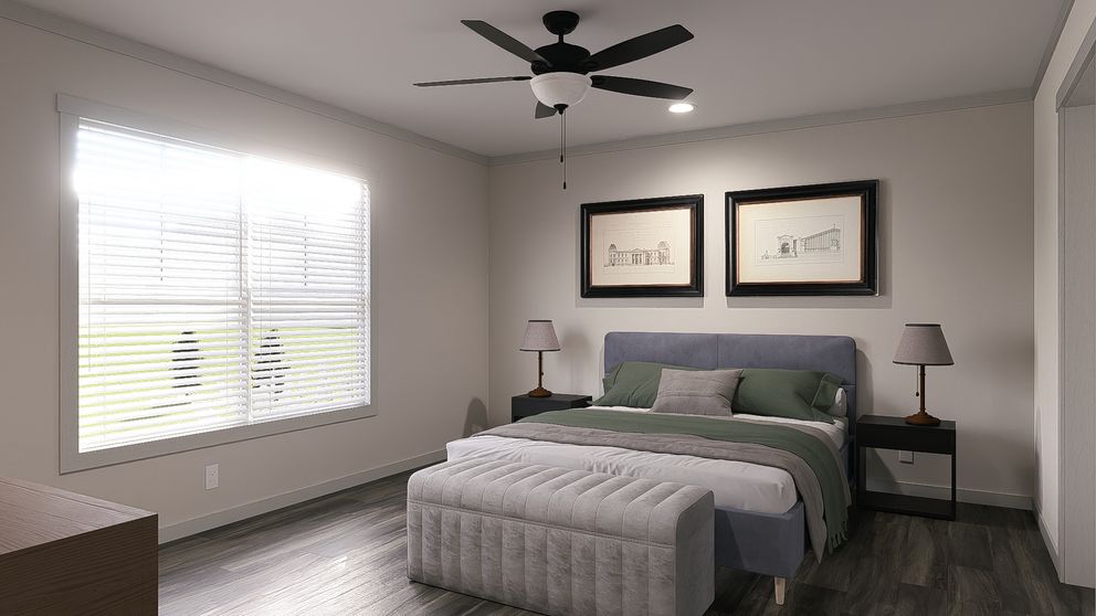 The FARM 3 FLEX DEN Primary Bedroom. This Manufactured Mobile Home features 3 bedrooms and 2 baths.