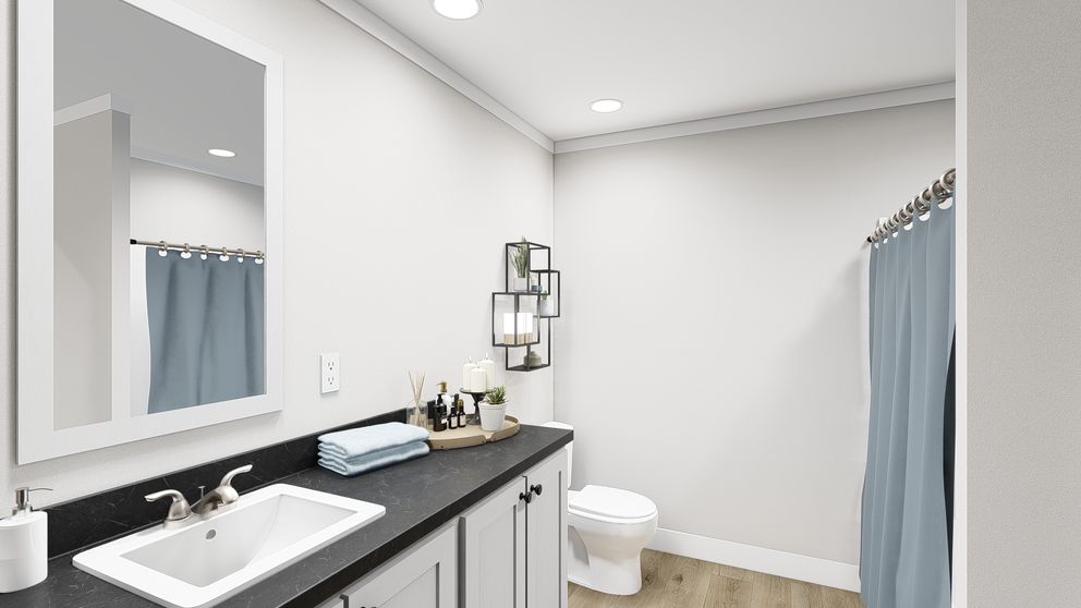 The LEAN ON ME Guest Bathroom. This Manufactured Mobile Home features 3 bedrooms and 2 baths.