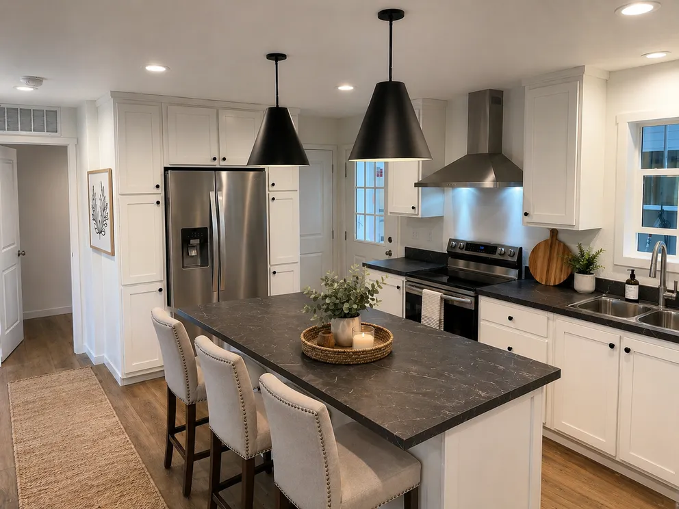 The BEAUTIFUL MORNING Kitchen. This Manufactured Mobile Home features 3 bedrooms and 2 baths.