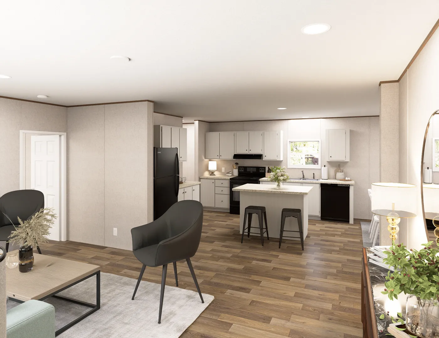 The OAK Living Room. This Manufactured Mobile Home features 4 bedrooms and 2 baths.