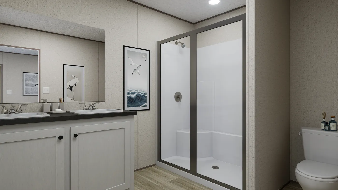 The ROCKY CREST Primary Bathroom. This Manufactured Mobile Home features 3 bedrooms and 2 baths.