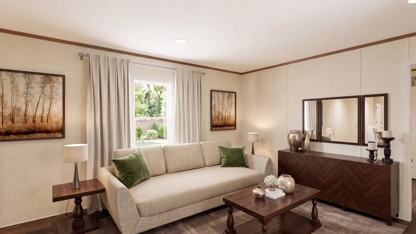 The ELM Living Room. This Manufactured Mobile Home features 2 bedrooms and 1 bath.