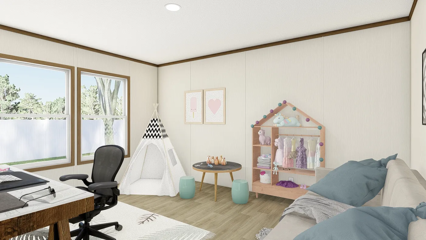 The THE EMPOWER Family Room. This Manufactured Mobile Home features 4 bedrooms and 2 baths.