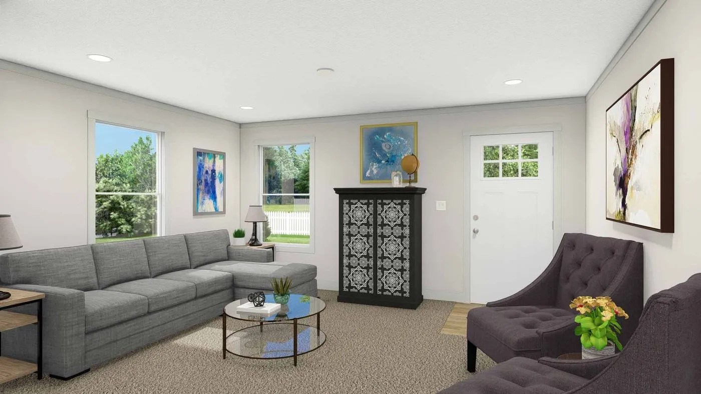 The BEAUTIFUL MORNING Living Room. This Manufactured Mobile Home features 3 bedrooms and 2 baths.