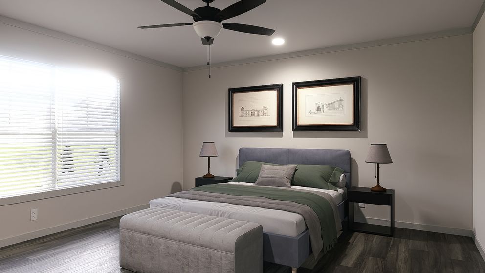 The FARM 3 FLEX ELITE DEN Primary Bedroom. This Manufactured Mobile Home features 3 bedrooms and 2 baths.
