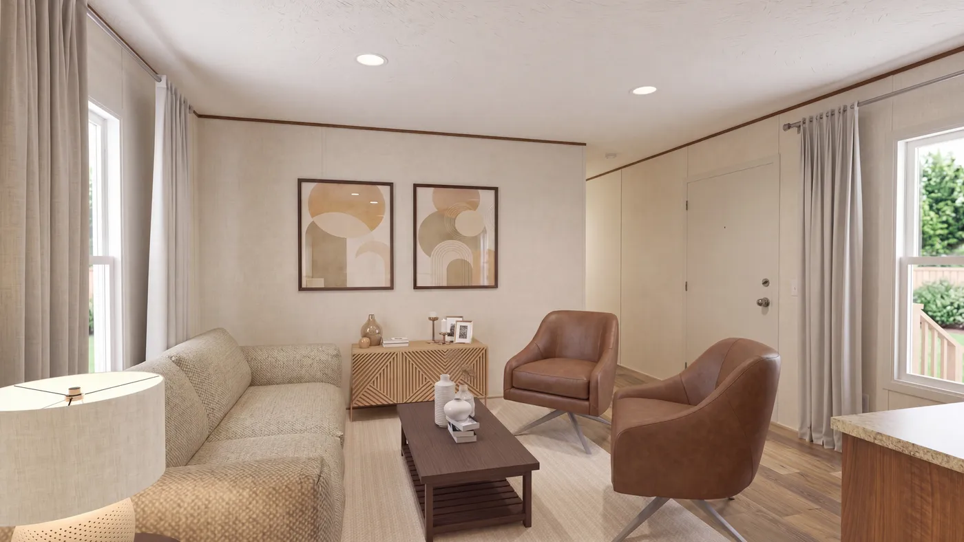 The MAGNOLIA Living Room. This Manufactured Mobile Home features 3 bedrooms and 2 baths.