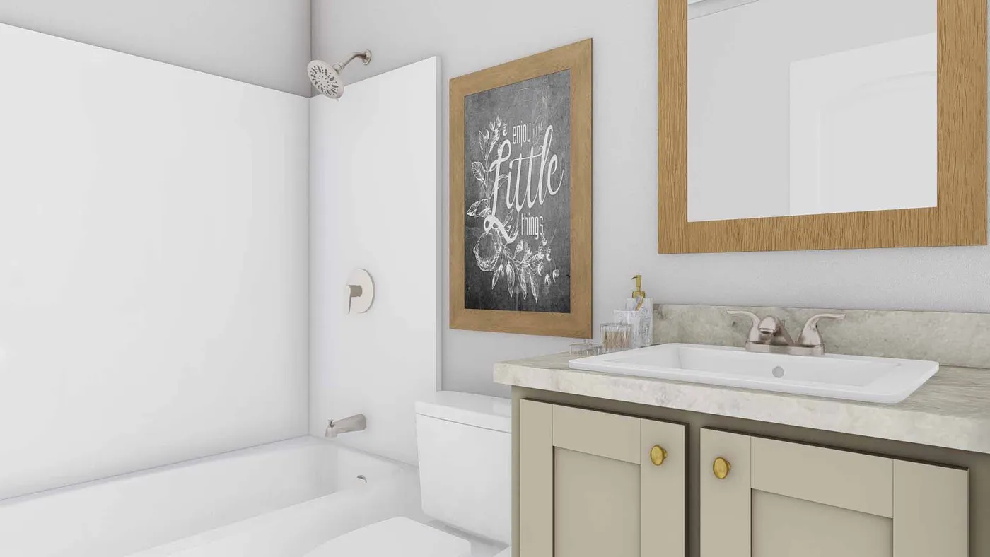 The PURPLE RAIN Guest Bathroom. This Manufactured Mobile Home features 3 bedrooms and 2 baths.
