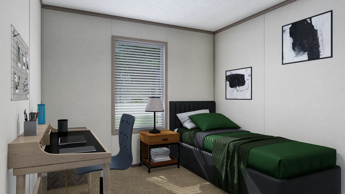 The 4028-E751 THE PULSE Guest Bedroom. This Manufactured Mobile Home features 3 bedrooms and 2 baths.