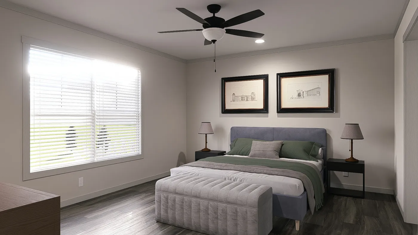 The FARM 3 FLEX DEN Primary Bedroom. This Manufactured Mobile Home features 3 bedrooms and 2 baths.
