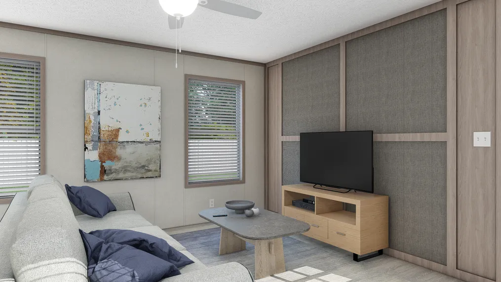 The 7616-4700 THE PULSE Living Room. This Manufactured Mobile Home features 3 bedrooms and 2 baths.