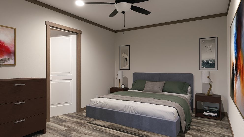 The LEVI Primary Bedroom. This Manufactured Mobile Home features 2 bedrooms and 2 baths.