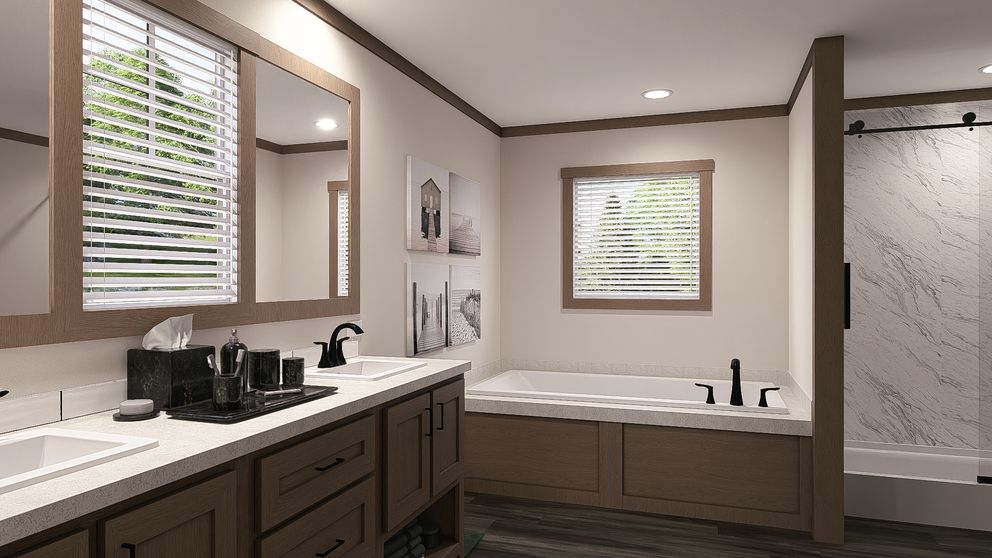 The FARM 3 FLEX ELITE Primary Bathroom. This Manufactured Mobile Home features 3 bedrooms and 2 baths.