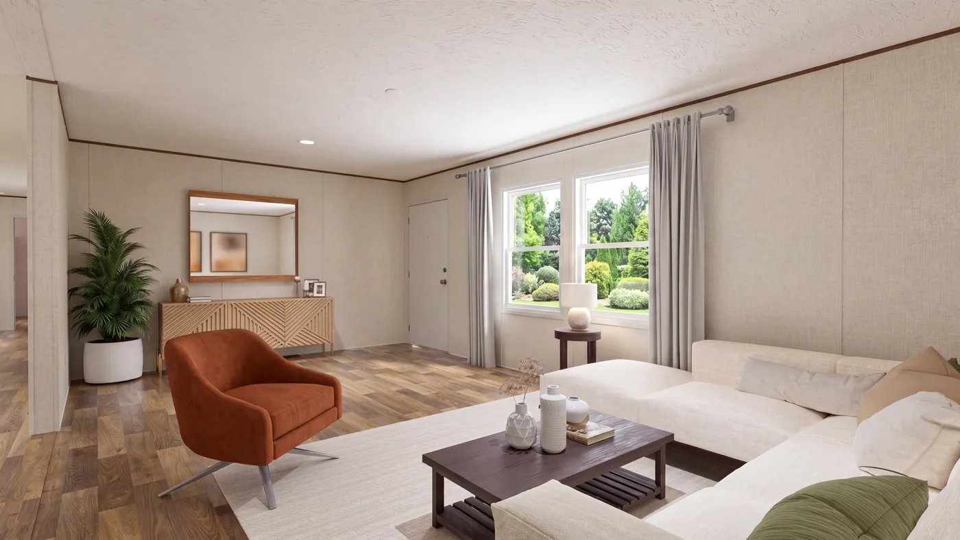 The SYCAMORE Living Room. This Manufactured Mobile Home features 4 bedrooms and 2 baths.
