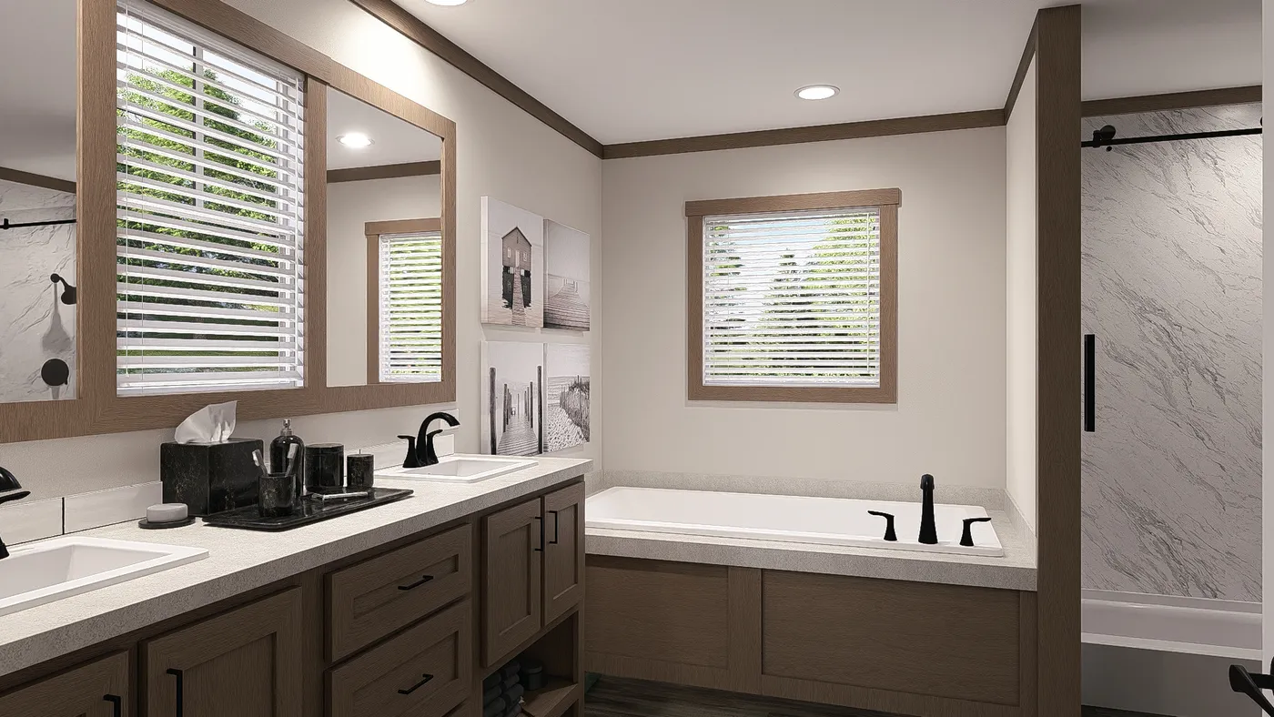 The FARM 3 FLEX Primary Bathroom. This Manufactured Mobile Home features 3 bedrooms and 2 baths.