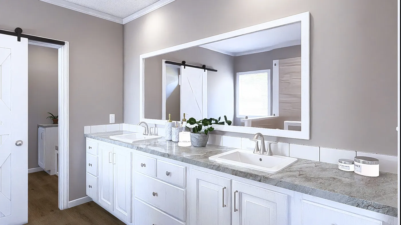 The THE ABIGAIL II Primary Bathroom. This Manufactured Mobile Home features 3 bedrooms and 2 baths.
